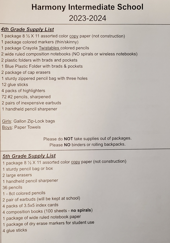 20232024 Supply List IronsSmith Intermediate School